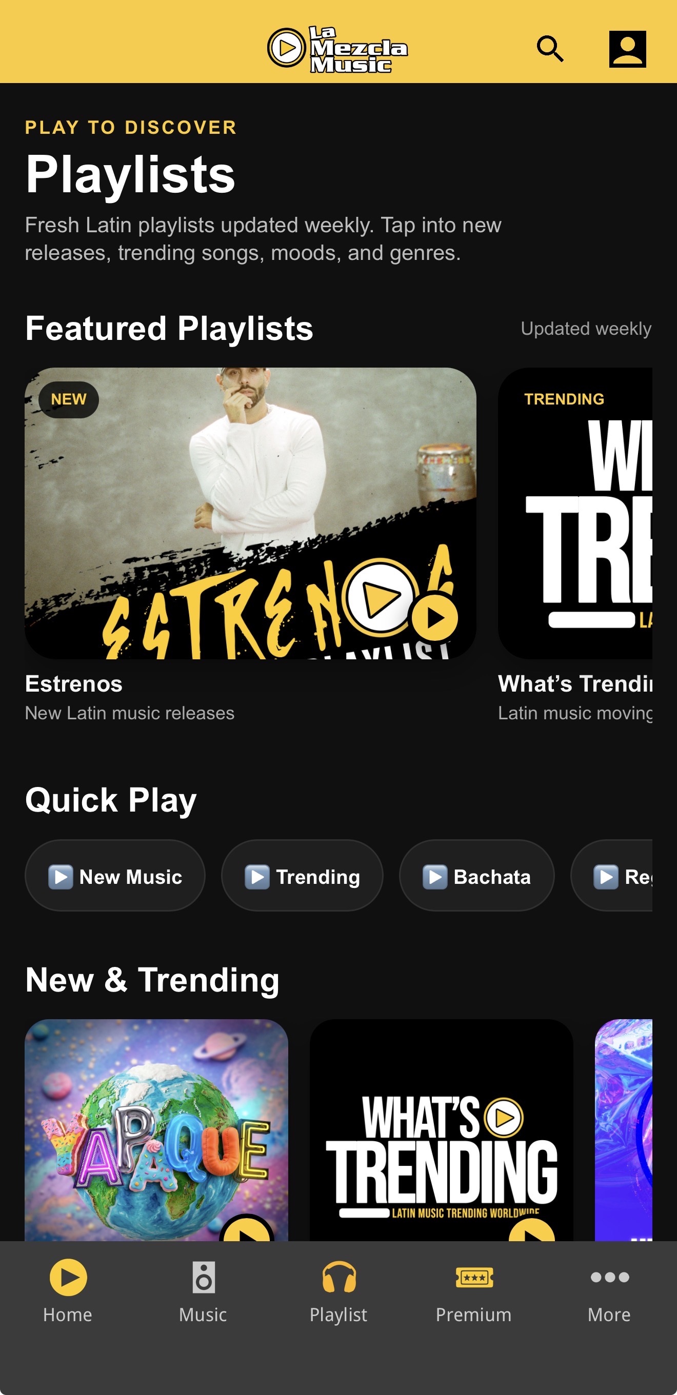 LaMezcla Music playlists screen